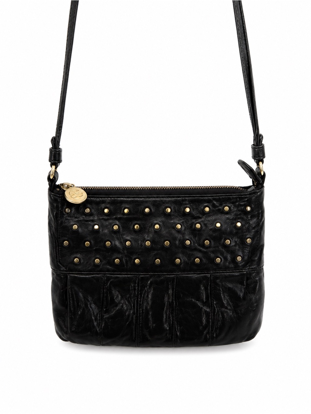 Gorgana Black Leather Studded Crossbody Purse Gold Tone Classic